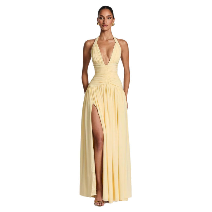 Ladies Elegant Maxi Dress with Strapless Neckline and Sophisticated Pleats