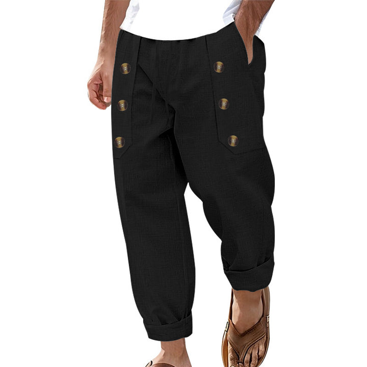 Men's Comfortable Linen Pants with Side Buttons and Elastic Waistband Lisslune