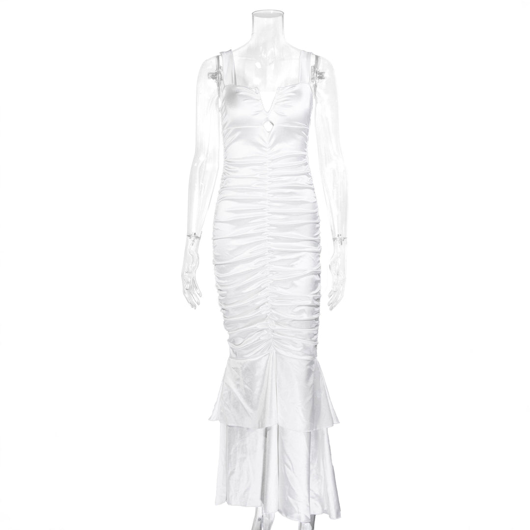 Damen Figurbetontes Satin-Maxi-Kleid mit Rüschendetails Lisslune