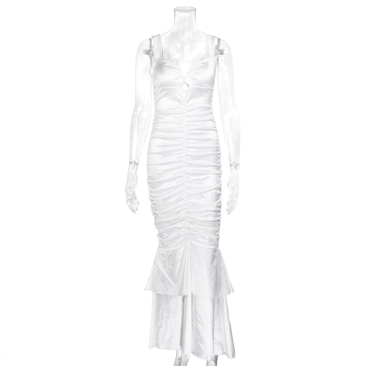 Damen Figurbetontes Satin-Maxi-Kleid mit Rüschendetails Lisslune