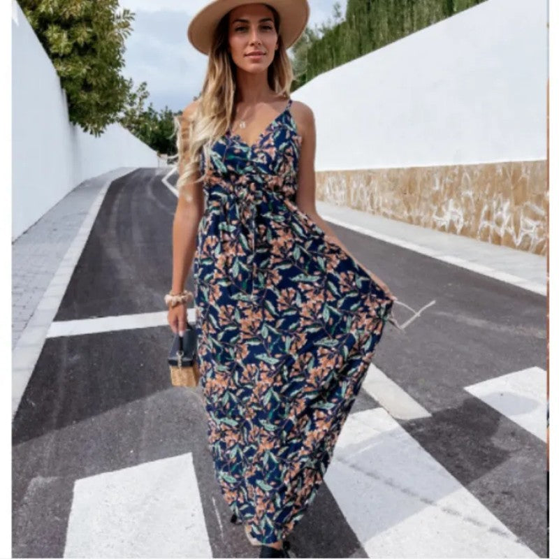 Women's maxi dress with floral wrap design and adjustable waistband