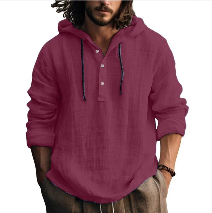 Men's casual hoodie shirt made of lightweight fabric with button placket and wide sleeves Lisslune