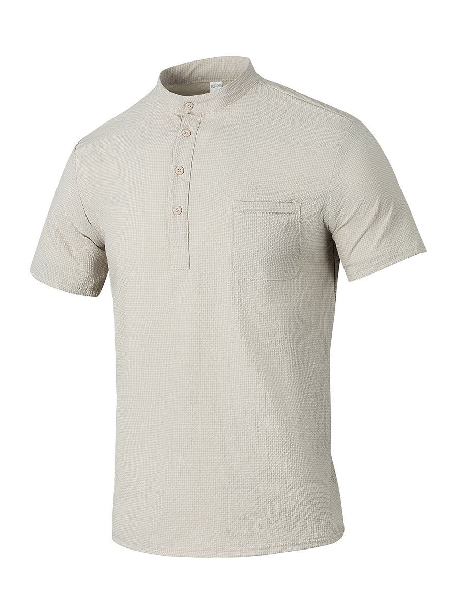 Men's Short Sleeve Shirt with Modern Stand Collar and Subtle Texture Lisslune
