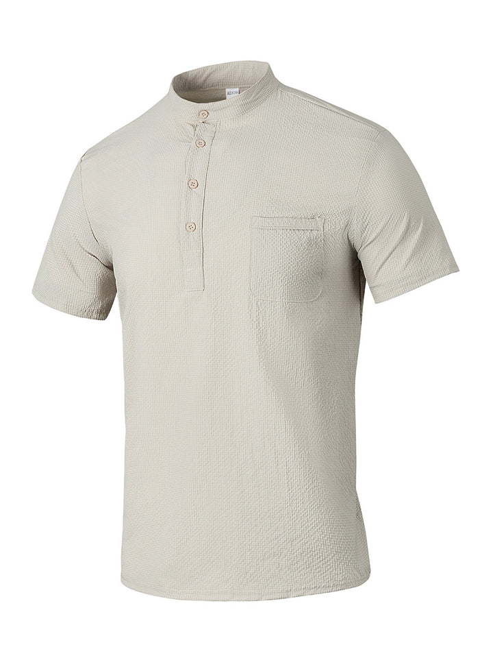Men's Short Sleeve Shirt with Modern Stand Collar and Subtle Texture Lisslune