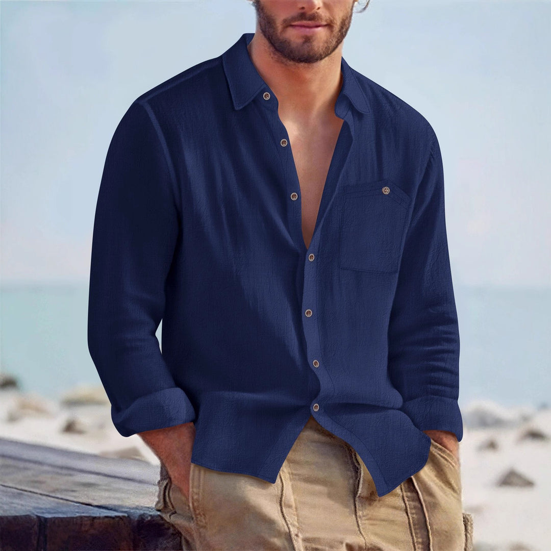Men's Casual Long Sleeve Shirt with Textured Design and Patch Chest Pocket Lisslune