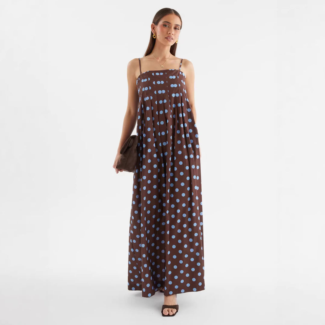 Women’s maxi dress with playful polka dot pattern and off-the-shoulder straps