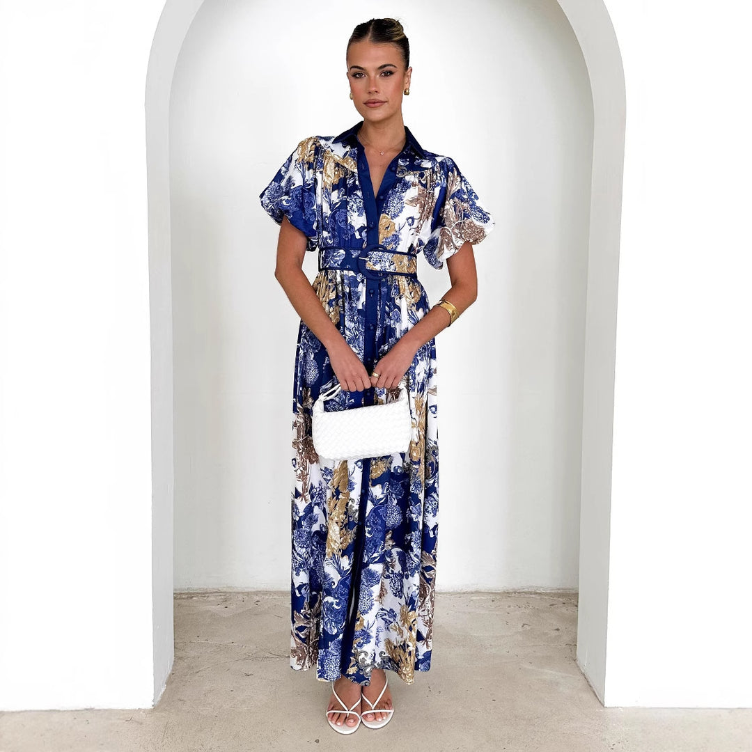 Women's maxi dress with floral pattern and elegant ruffles
