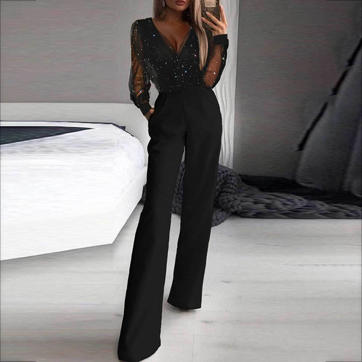 Women Elegant Jumpsuit with Transparent Sleeves and Sparkling Details Lisslune