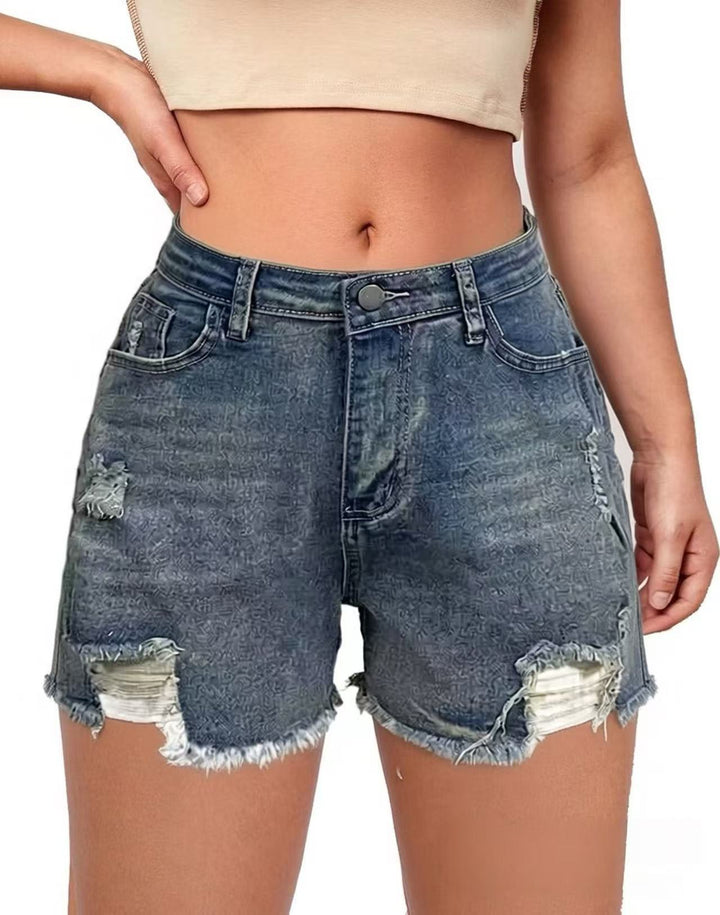 Women's casual destroyed denim shorts with high rise and frayed edges Lisslune