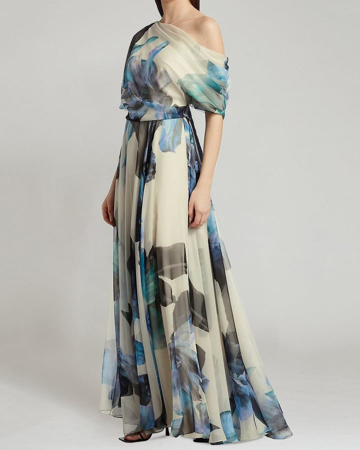 Women elegant chiffon dress with off-shoulder design and floral pattern Lisslune