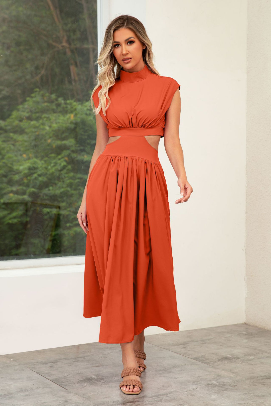 Women's maxi dress with cut-outs and modern stand-up collar Lune London