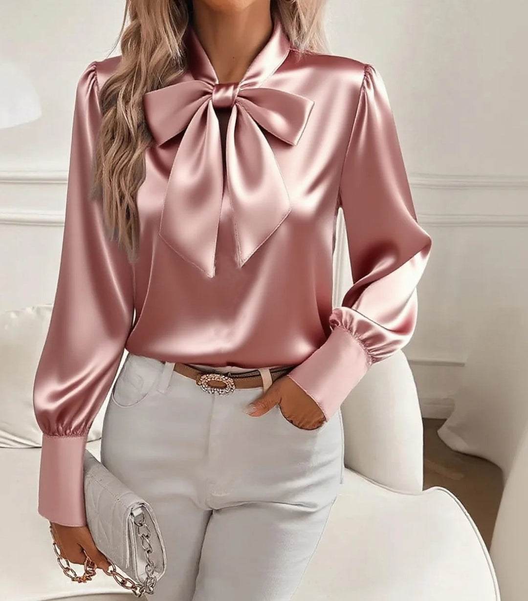 Damen elegante Satinbluse mit Schleifenkragen und Puffärmeln Lisslune