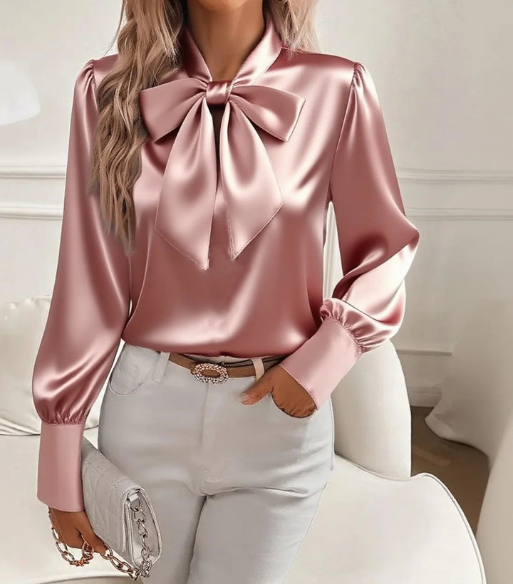 Damen elegante Satinbluse mit Schleifenkragen und Puffärmeln Lisslune