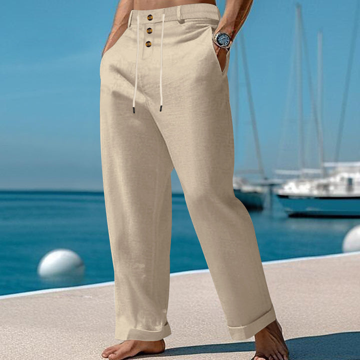 Men's elegant linen pants with adjustable drawstring and button details Lisslune