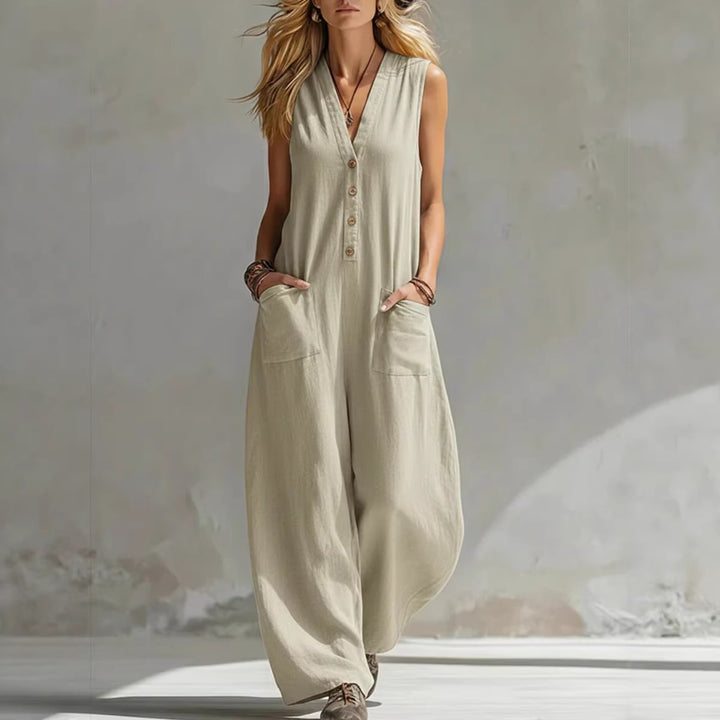 Damen Jumpsuit mit tiefem V-Ausschnitt und praktischen Taschen Lisslune