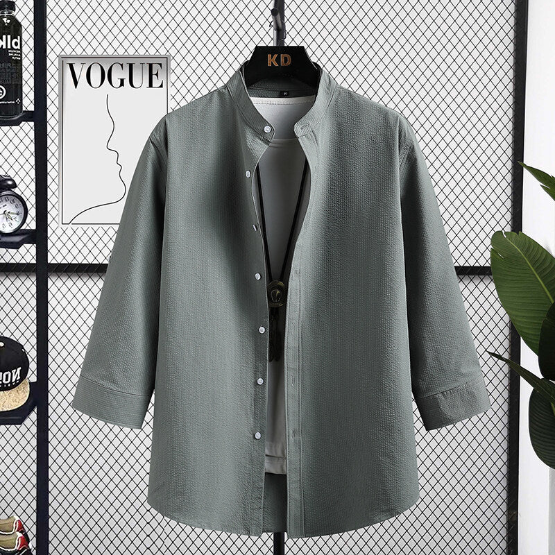 Men's Nice Long Sleeve Shirt with Modern Stand-Up Collar and Textured Fabric Lisslune