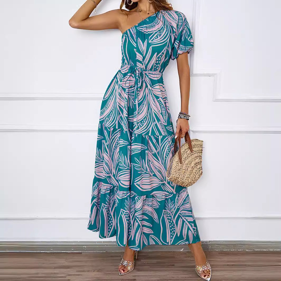 Women's maxi dress in asymmetrical design with floral pattern and wrap belt Lisslune