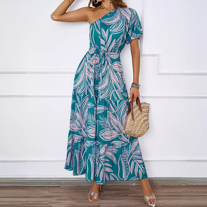 Women's maxi dress in asymmetrical design with floral pattern and wrap belt Lisslune