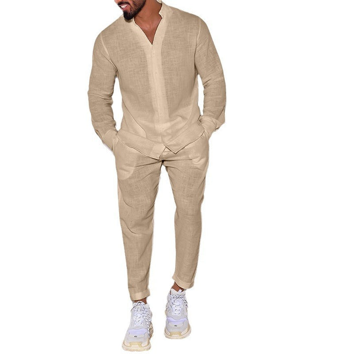 Men's casual linen outfit with button placket and elastic waistband Lisslune