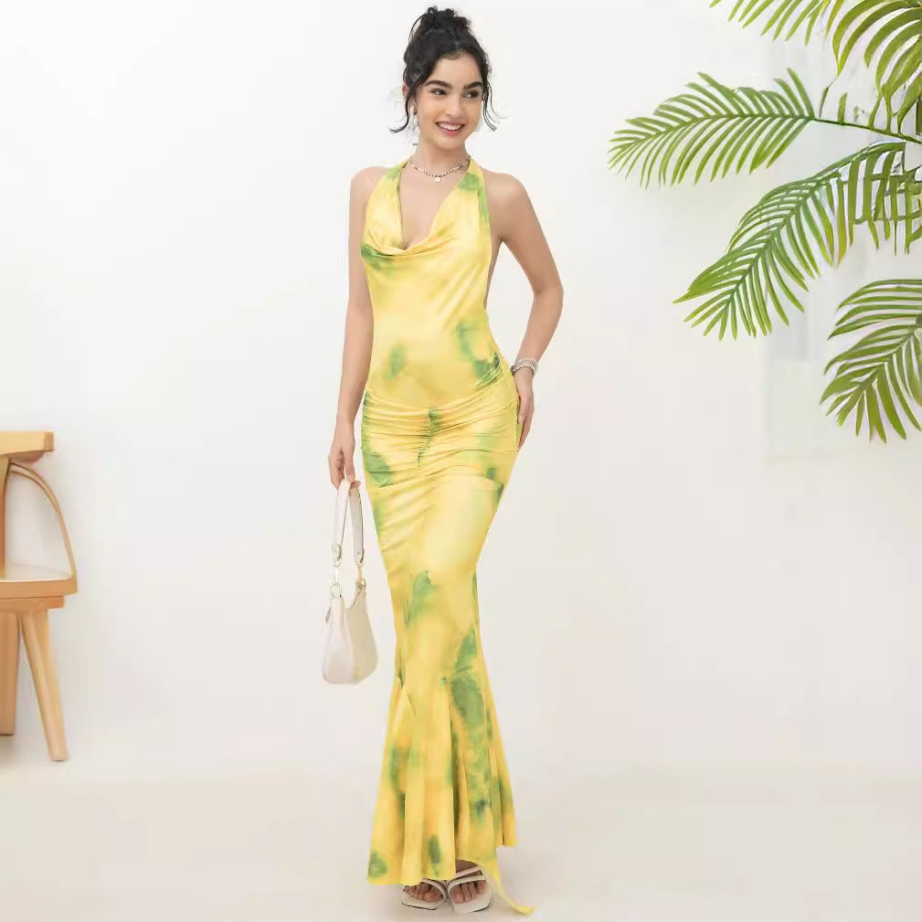 Ladies maxi dress with airy cowl neck and elegant ruffle details