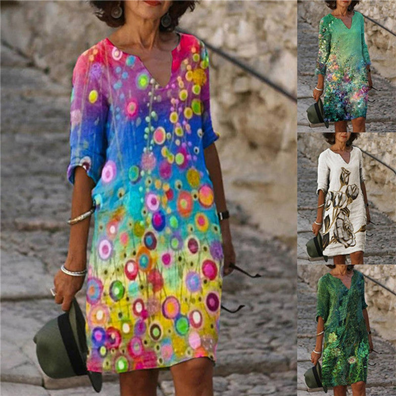 Women’s casual dress with floral design and V-neck