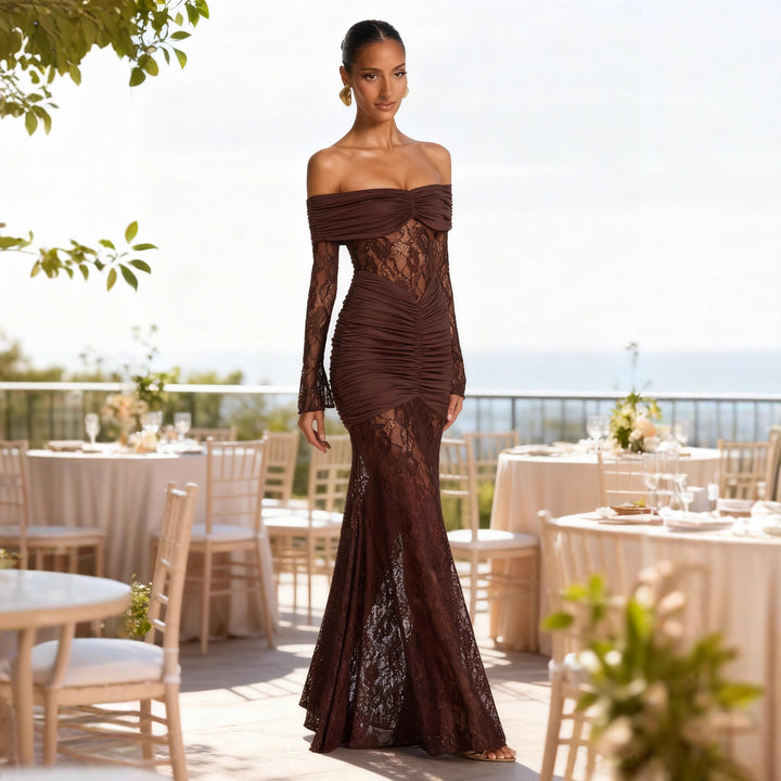 Women's Elegant Lace Evening Dress with Off-the-Shoulder Silhouette and Refined Ruffle Details