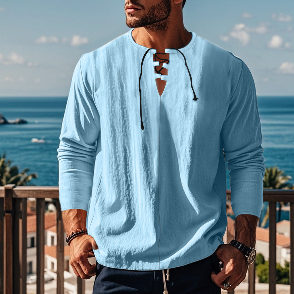 Men's casual long-sleeve shirt with neckline and lacing Lisslune