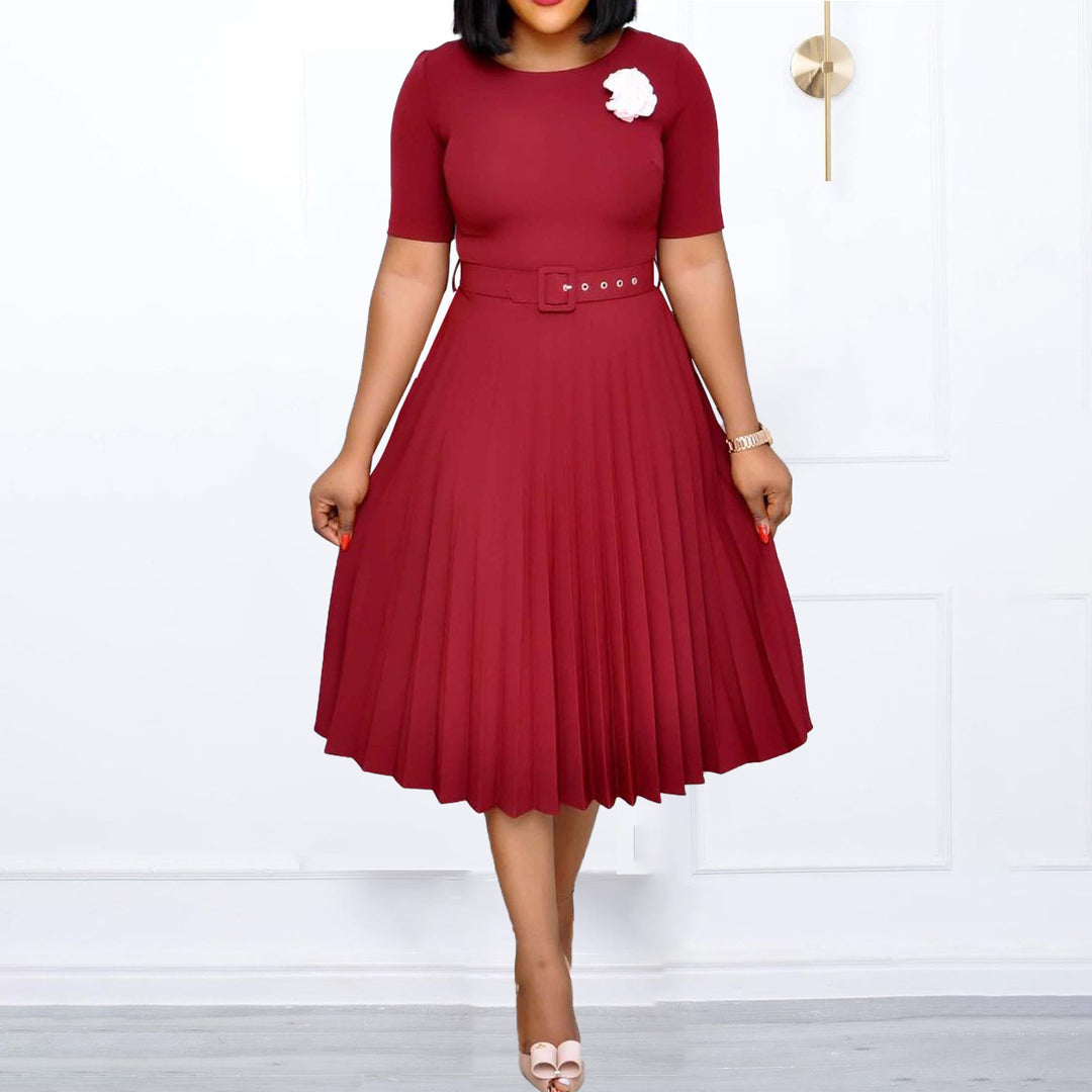 Women's Pleated Dress with Waist Belt and Elegant Silhouette Lisslune