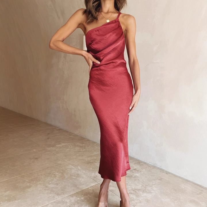 Women's satin midi dress with asymmetrical cut and elegant flair Lune London