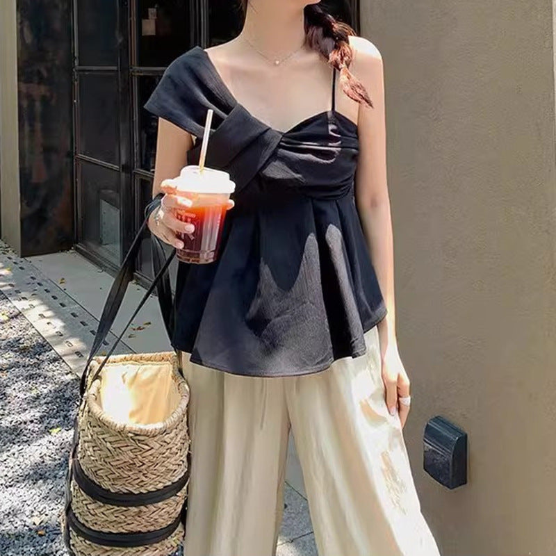 Women's Off-Shoulder Blouse with Fashionable Draping and Knotted Detail