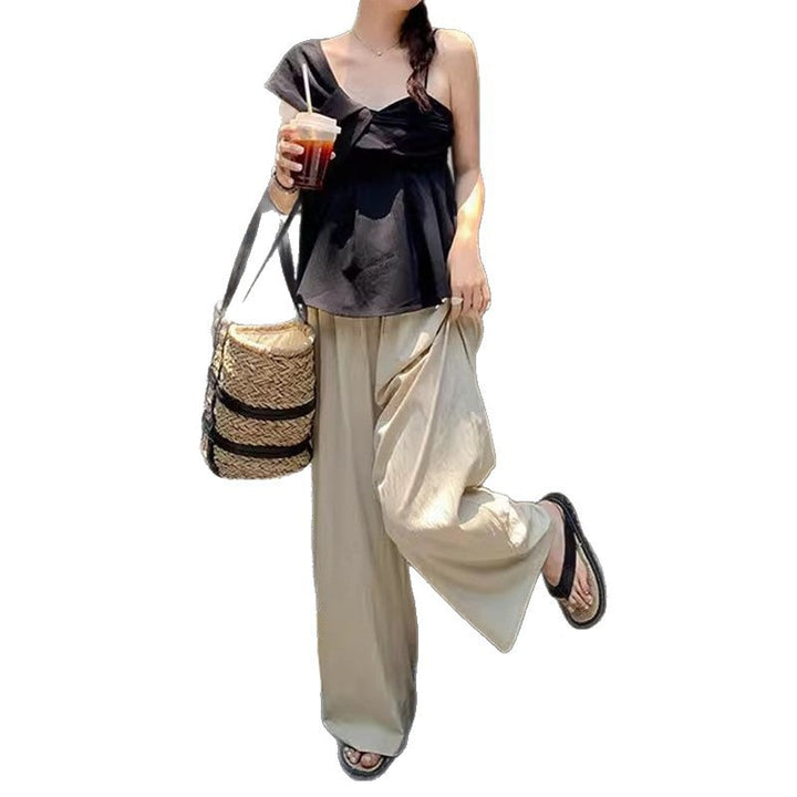 Women's Off-Shoulder Blouse with Fashionable Draping and Knotted Detail