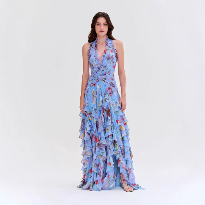 Women's Romantic Maxi Party Dress with Voluminous Ruffle Details