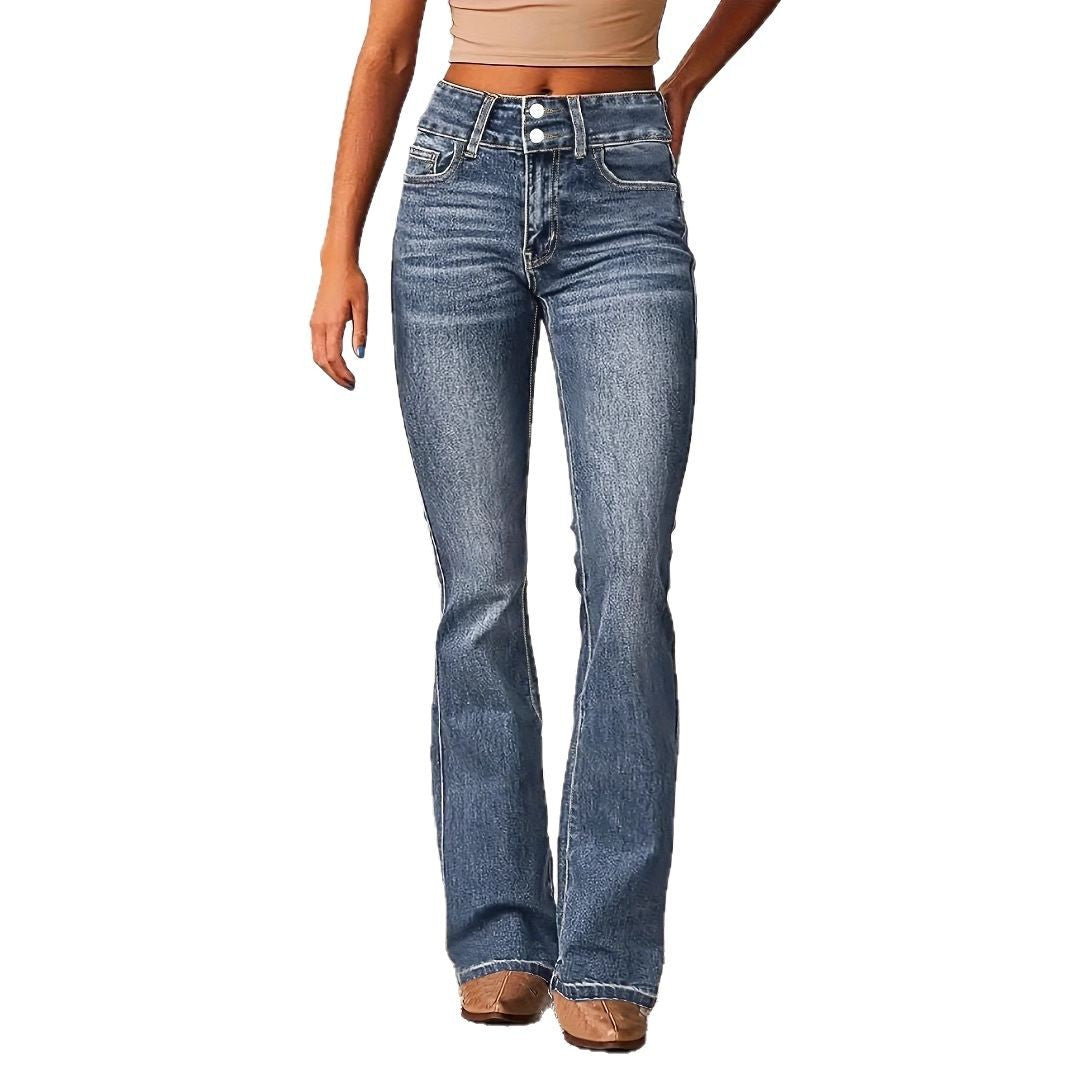 Women's High Waist Flared Jeans with Decorative Button Details and Figure-Flattering Cut