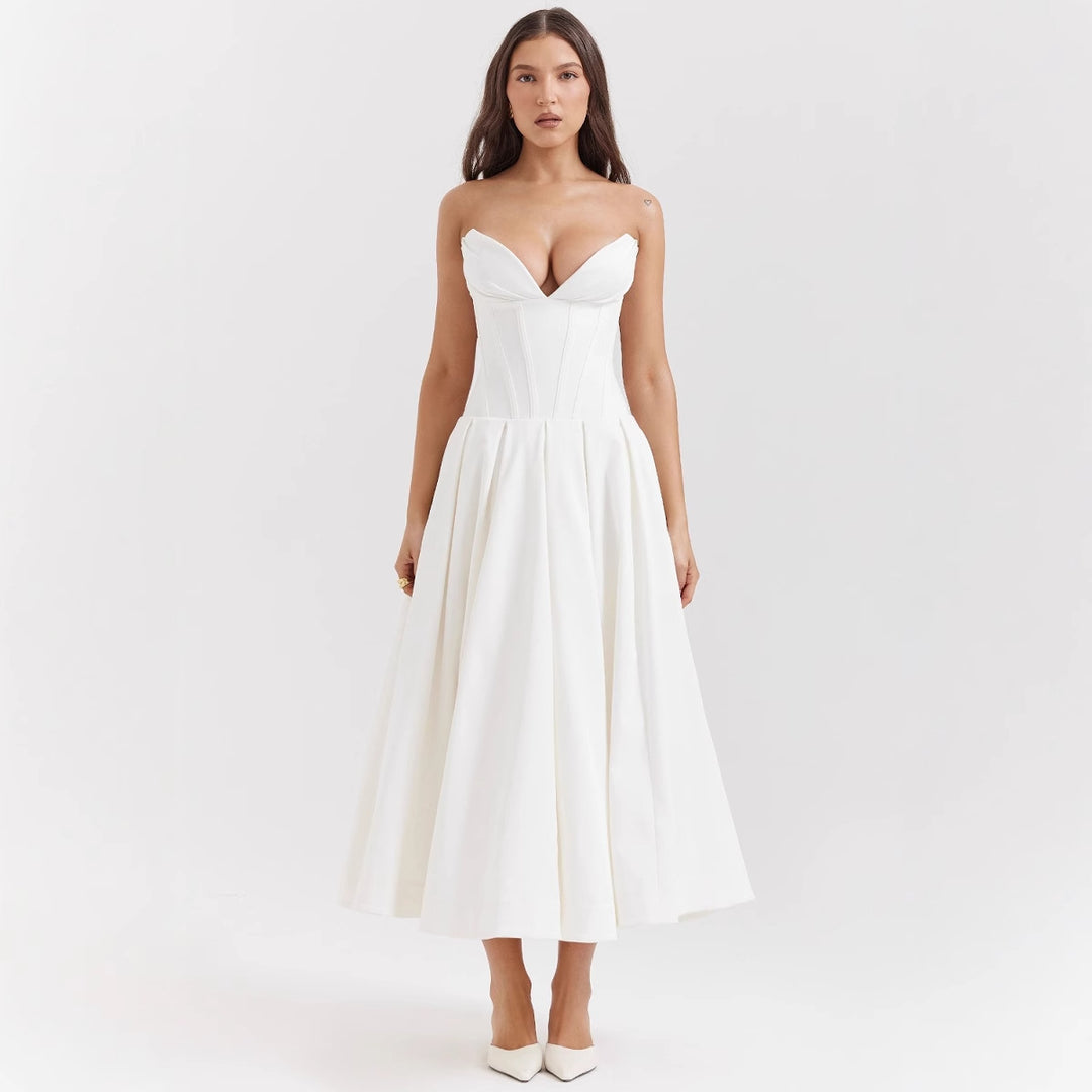 Women's A-line evening dress with corset top and flared skirt