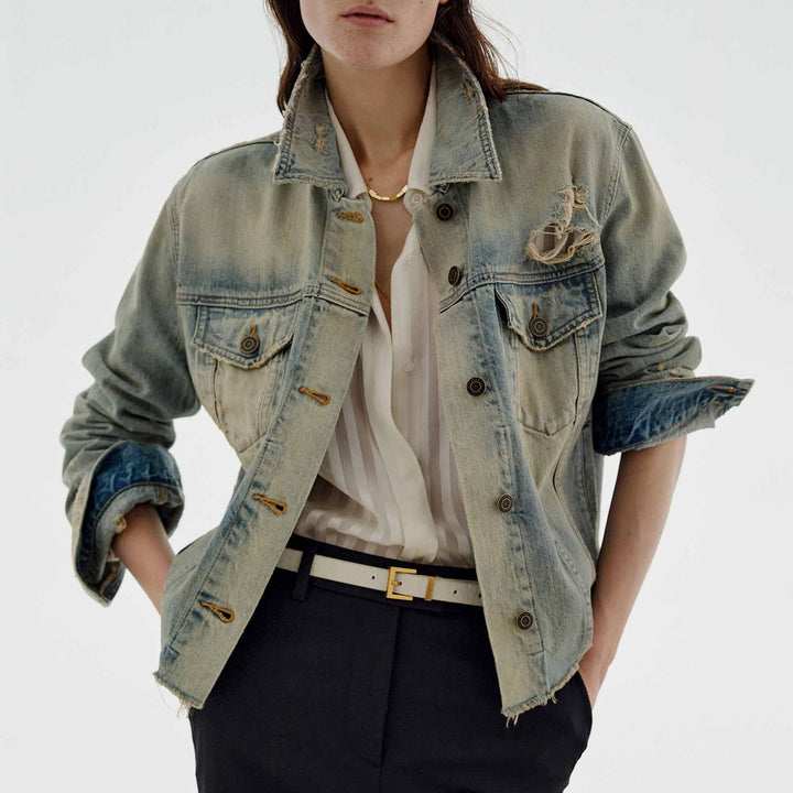 Women's fashionable denim jacket in vintage style with a casual fit and frayed details Lisslune
