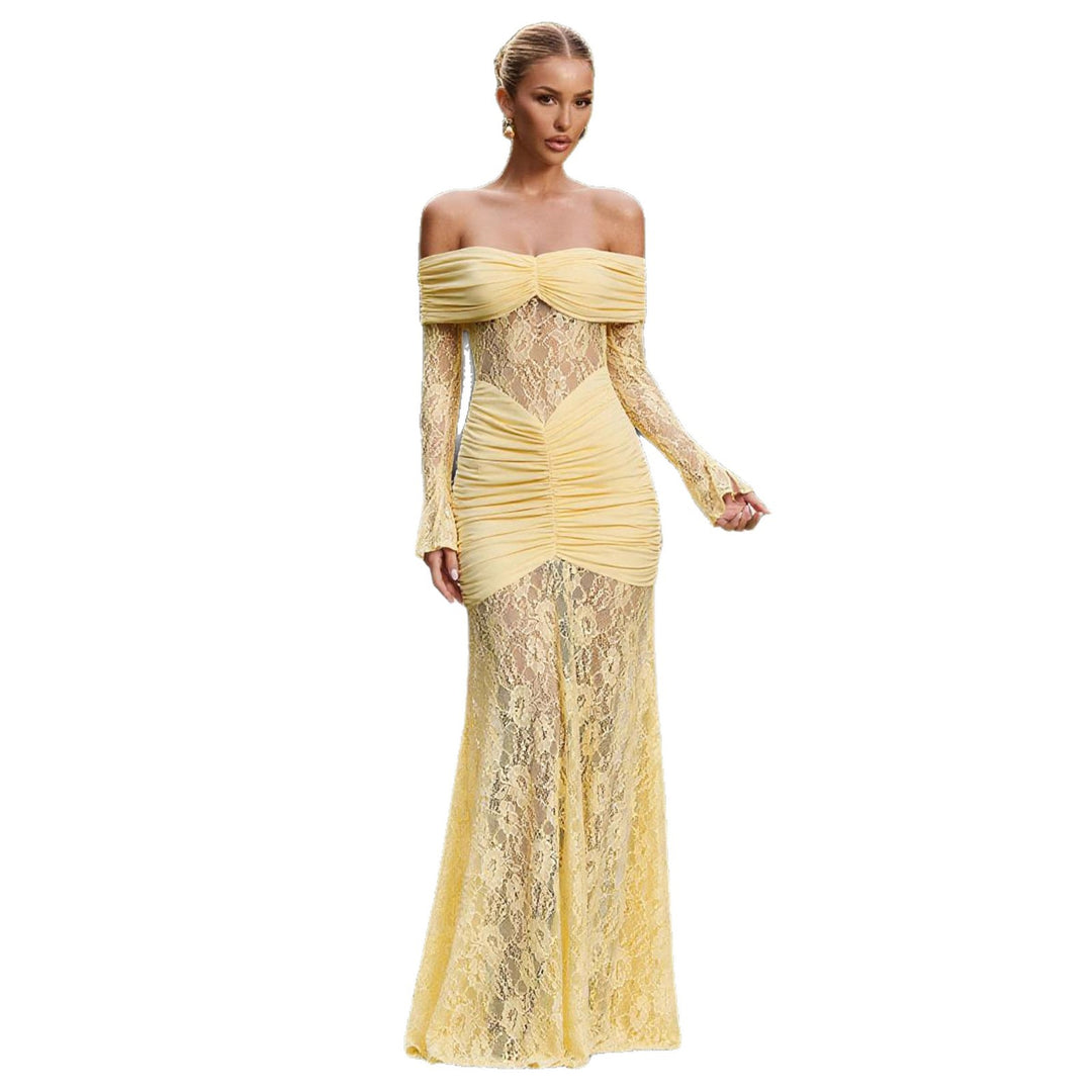 Women's Elegant Lace Evening Dress with Off-the-Shoulder Silhouette and Refined Ruffle Details