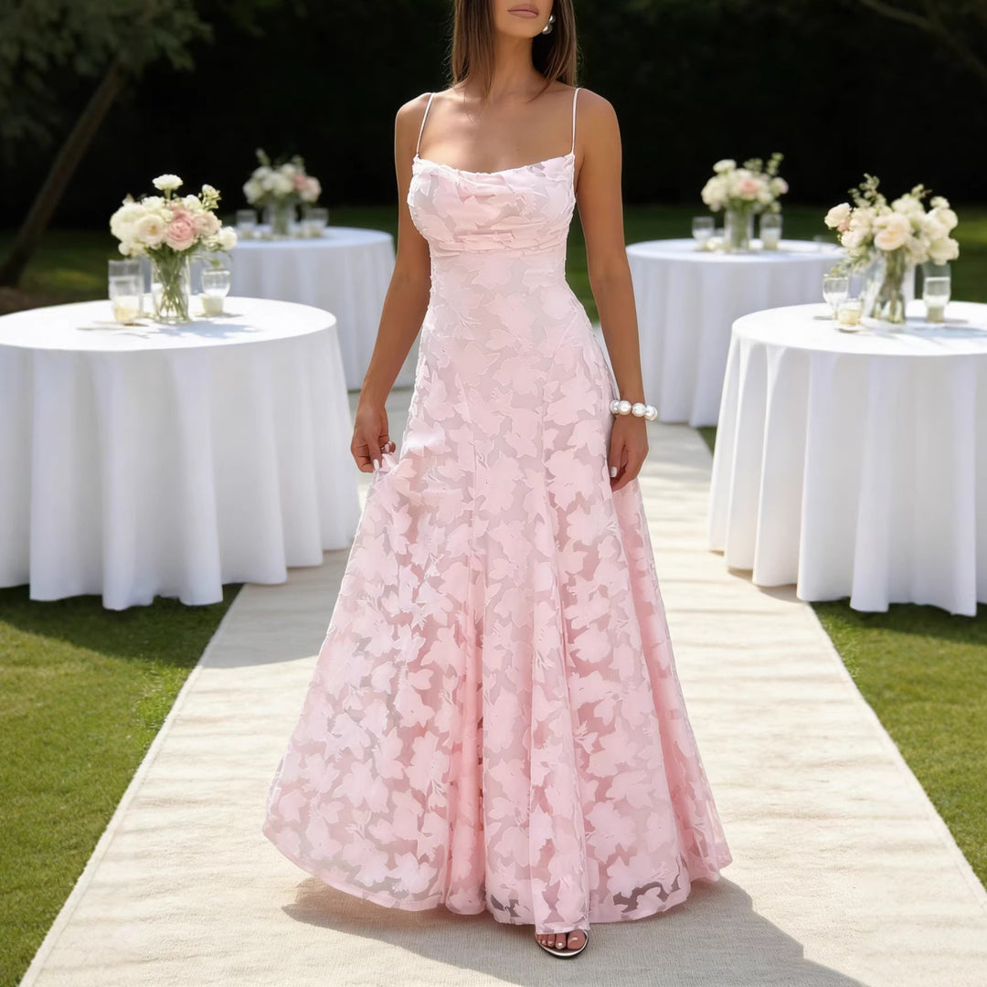 Ladies Elegant Maxi Dress with Floral Lace Design and Adjustable Spaghetti Straps Lisslune