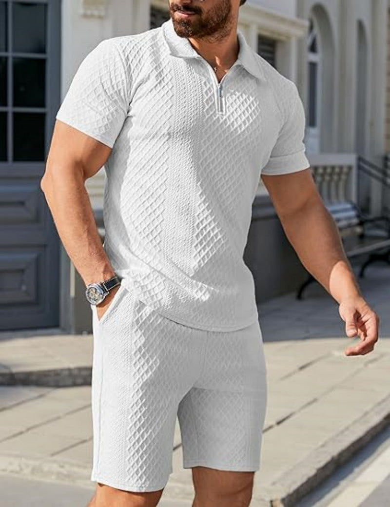 Men's sporty short sleeve set with zipper and knit pattern Lisslune