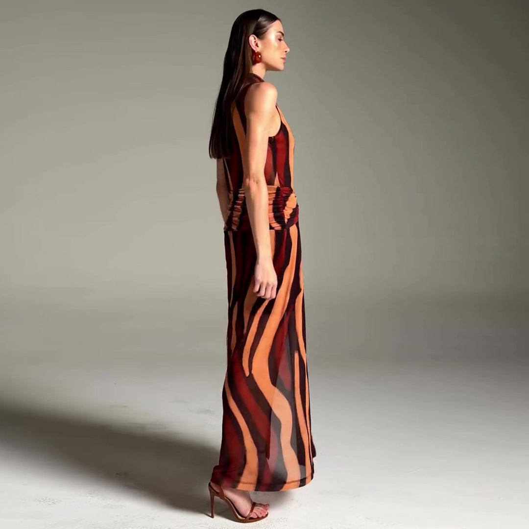 Ladies elegant maxi dress with unique stripe pattern and high collar