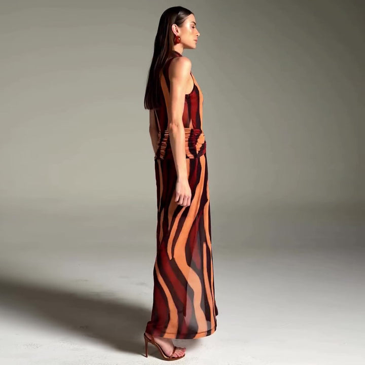 Ladies elegant maxi dress with unique stripe pattern and high collar
