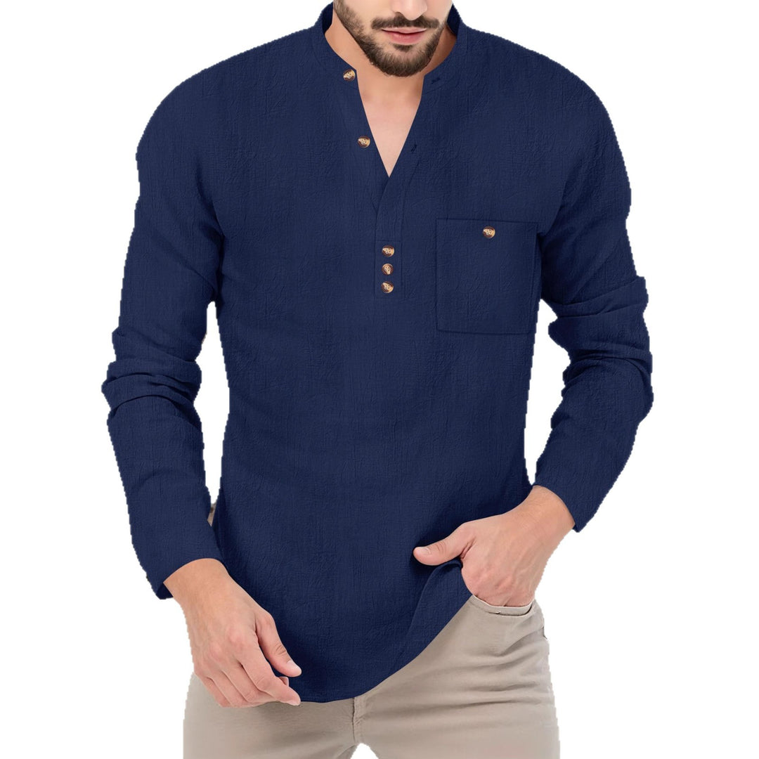 Men's Casual Long Sleeve Shirt with Button Placket and Chest Pocket Lisslune