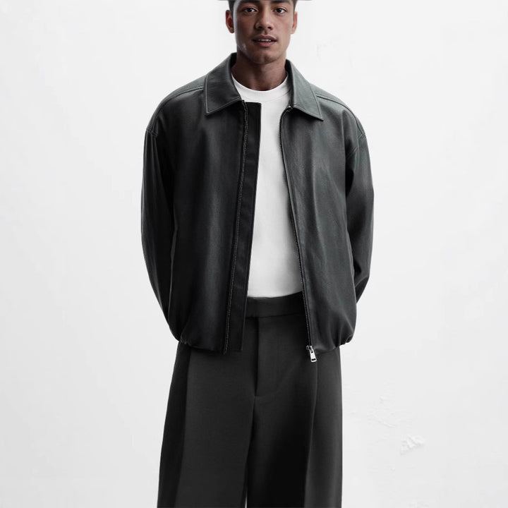 Men's elegant synthetic leather jacket with fashionable stand-up collar and side pockets Lisslune