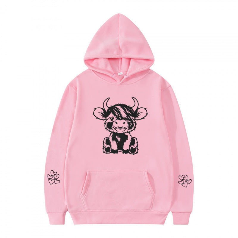 Women's hooded sweatshirt with charming cow motif and practical kangaroo pockets Lisslune