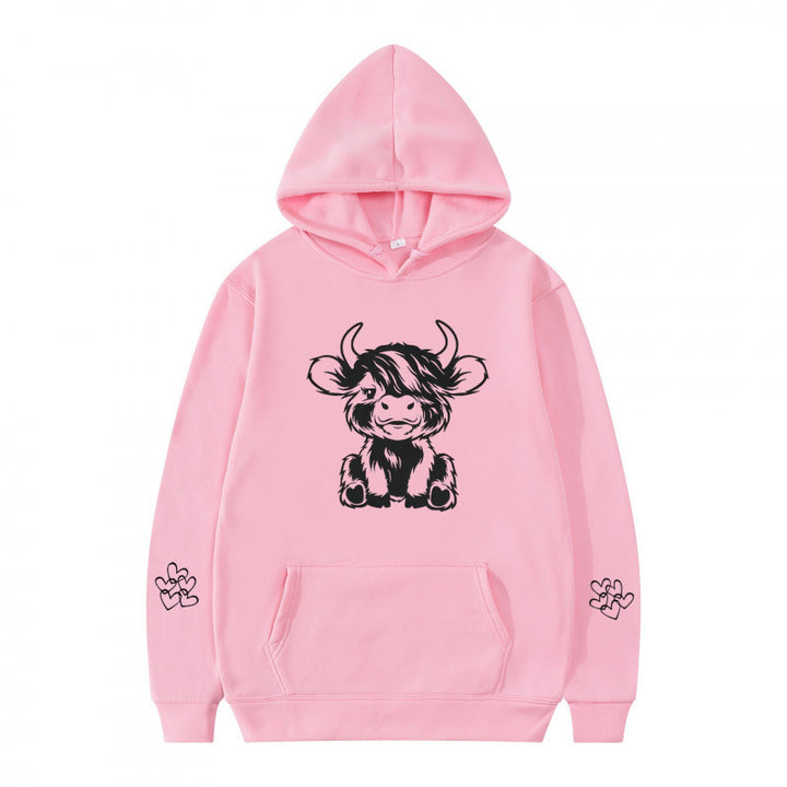 Women's hooded sweatshirt with charming cow motif and practical kangaroo pockets Lisslune