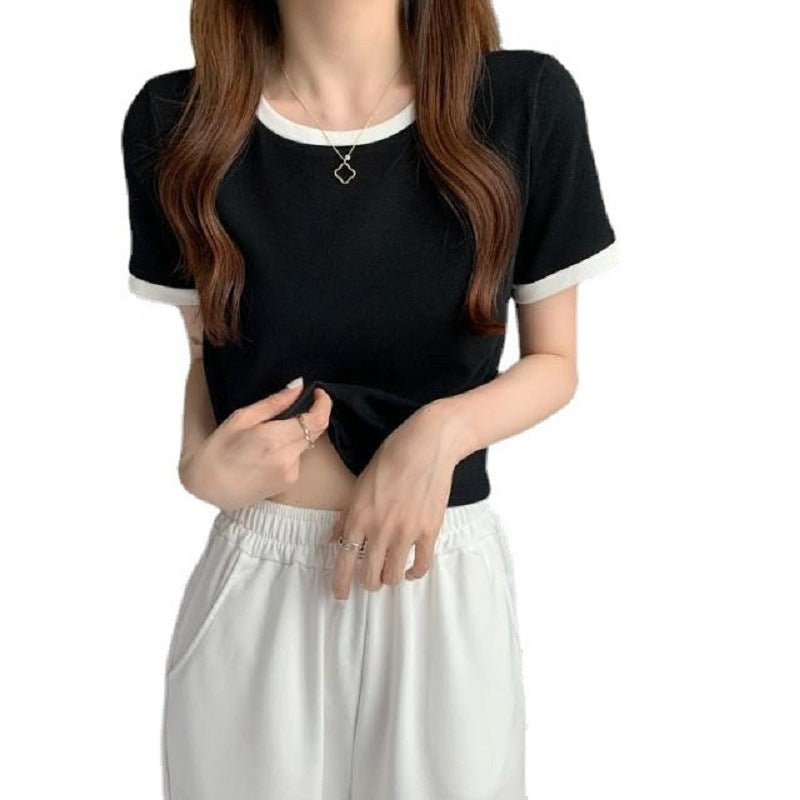 Women Short Sleeve T-Shirt with Contrasting Finishes and Lightweight Cotton Fabric