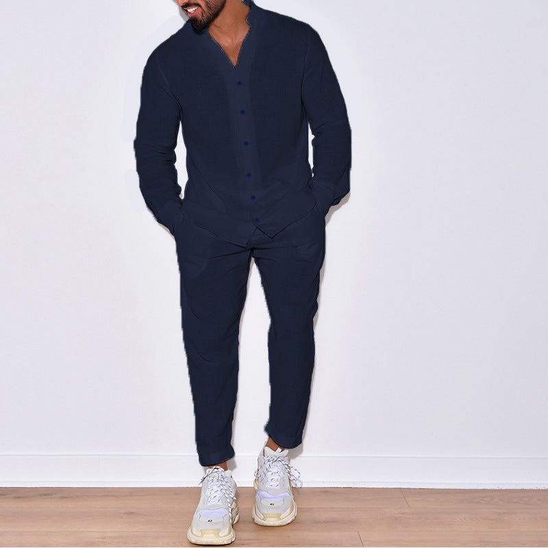 Men's casual linen outfit with button placket and elastic waistband Lisslune
