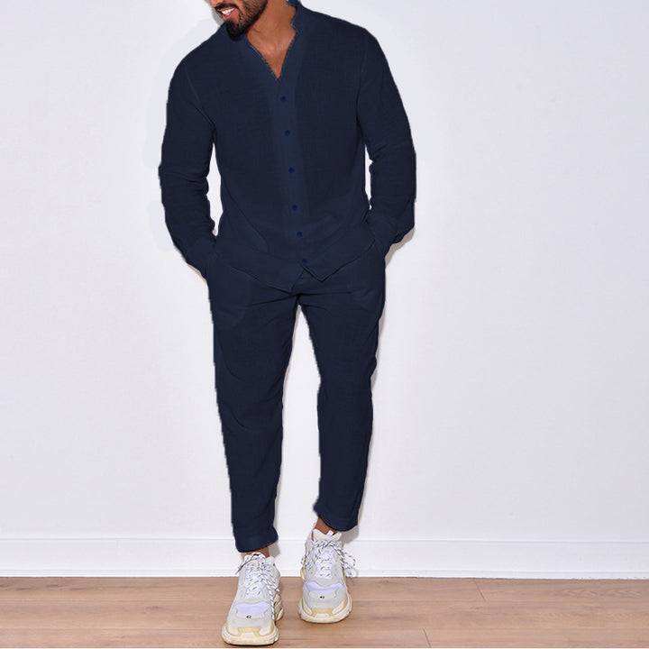 Men's casual linen outfit with button placket and elastic waistband Lisslune