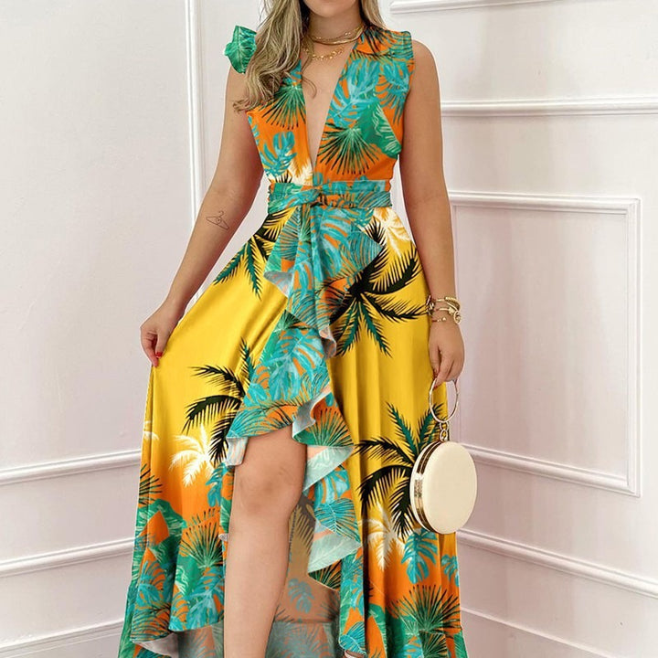 Women’s maxi dress with deep V-neck and asymmetrical skirt Lisslune