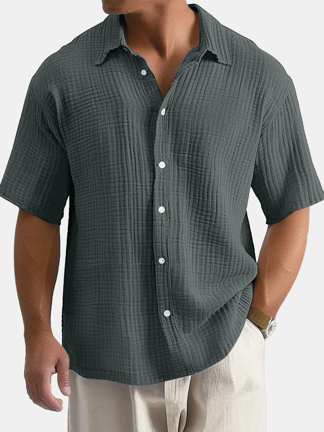 Men's short-sleeve shirt with textured cotton fabric and breathable fit Lisslune