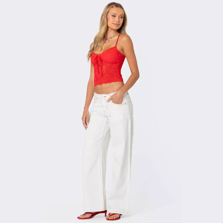 Damen Spitzencrop-Top mit Schleifen-Detail und verstellbaren Trägern Lisslune
